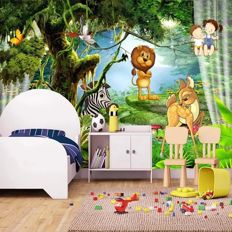 Wild Animal Cartoon Wallpaper Mural, Custom Sizes Available