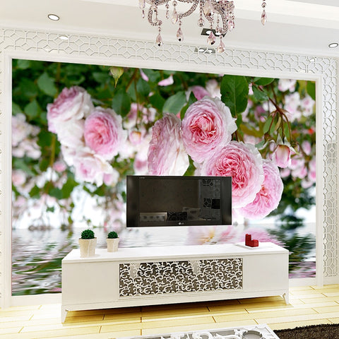 Image of Beautiful Pink Roses Reflection Wallpaper Mural, Custom Sizes Available