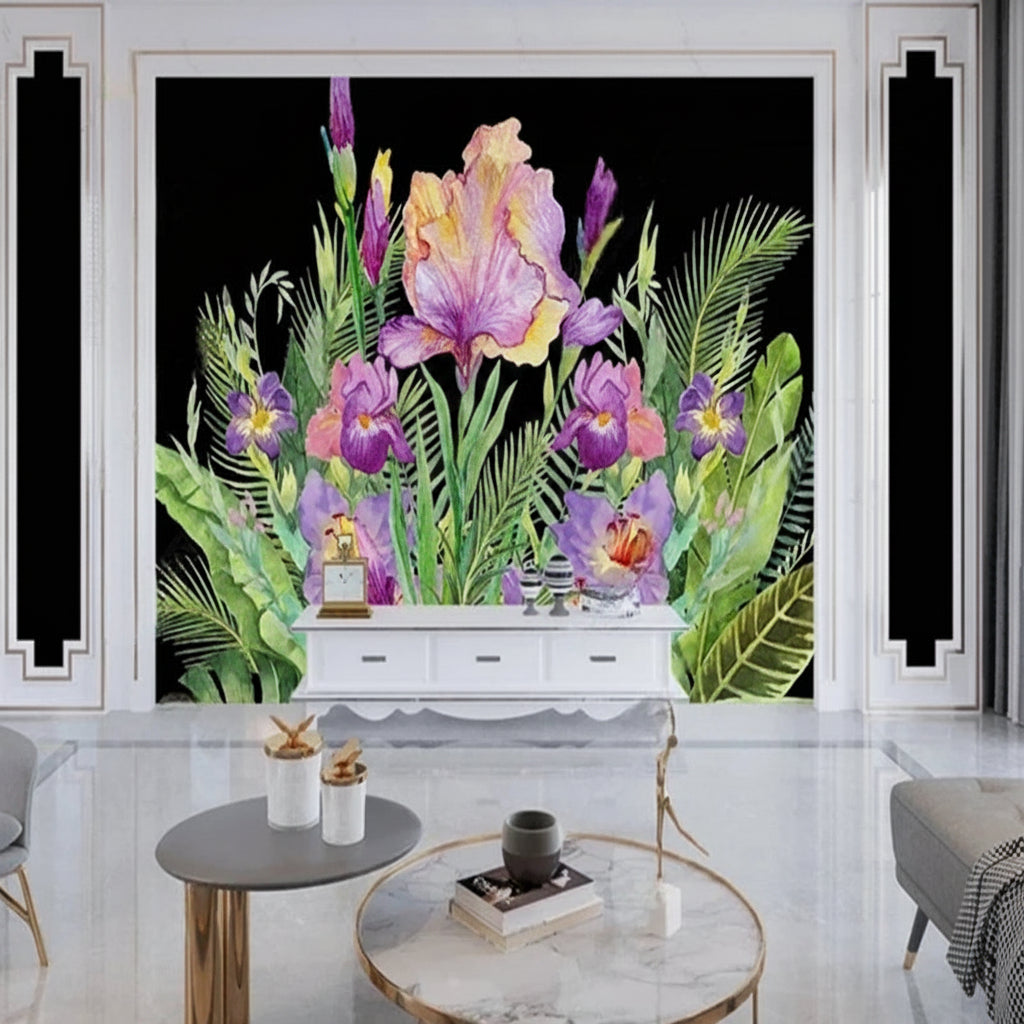 Bearded Iris Arrangement Watercolor Wallpaper Mural, Custom Sizes Available