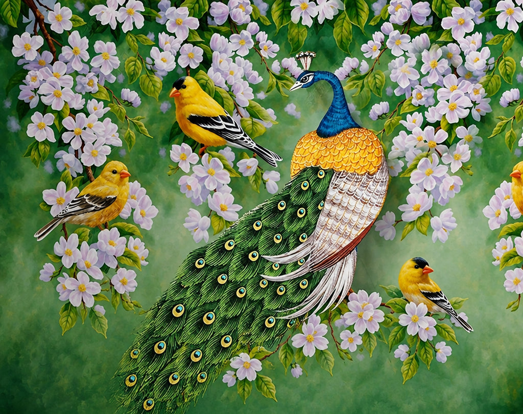 Colorful Peacock, Finches and Apple Blossoms Wallpaper Mural, Custom Sizes Available