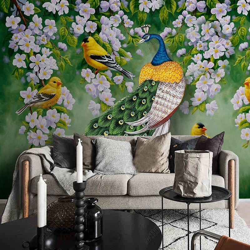 Colorful Peacock, Finches and Apple Blossoms Wallpaper Mural, Custom Sizes Available