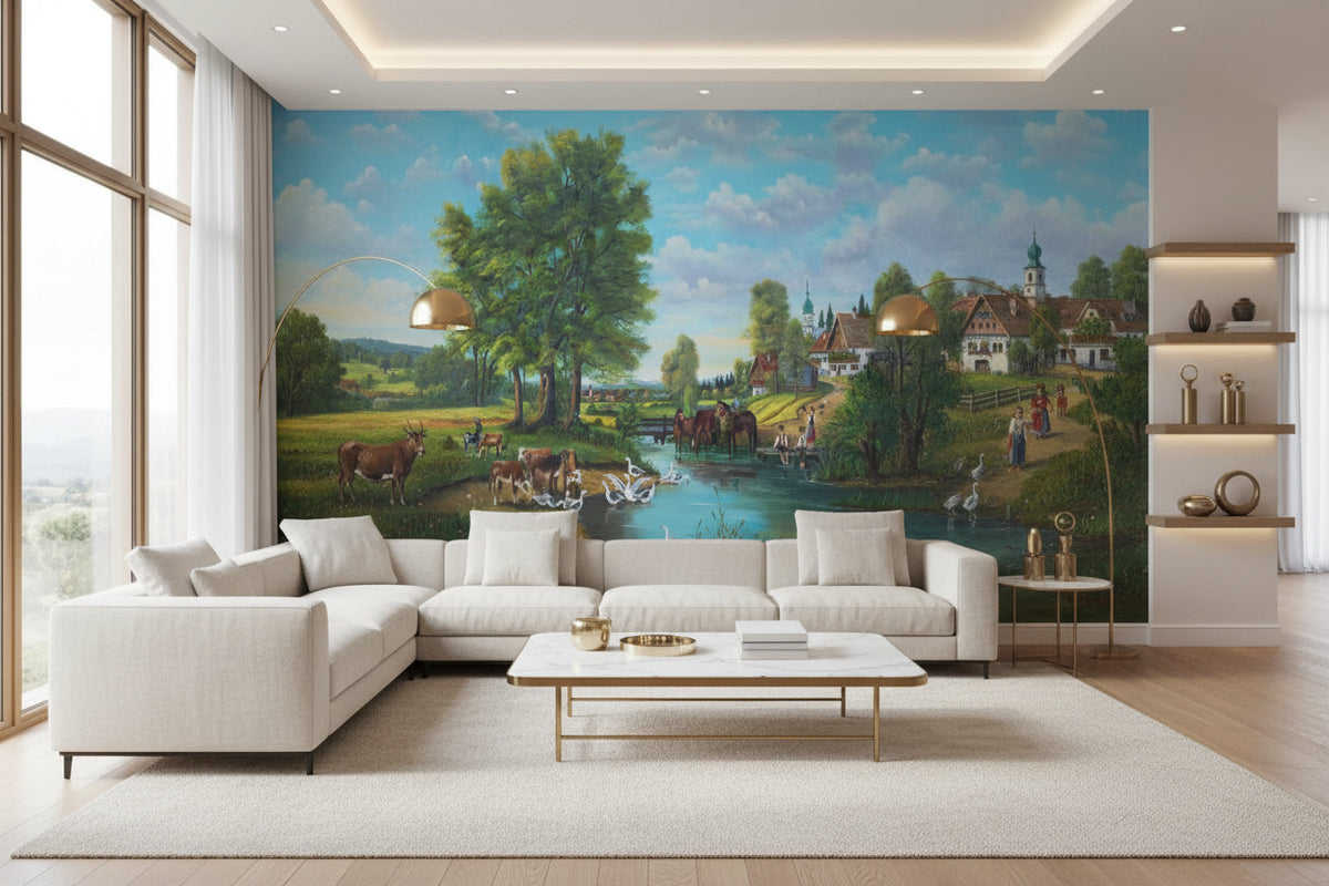 Beautiful Pastoral Oil Painting Wallpaper Mural, Custom Sizes Available