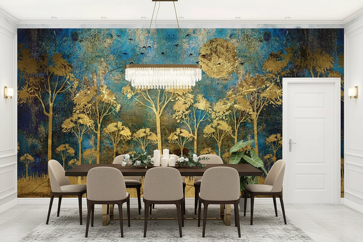 Gold Abstract Forest and Moon Wallpaper Mural, Custom Sizes Available