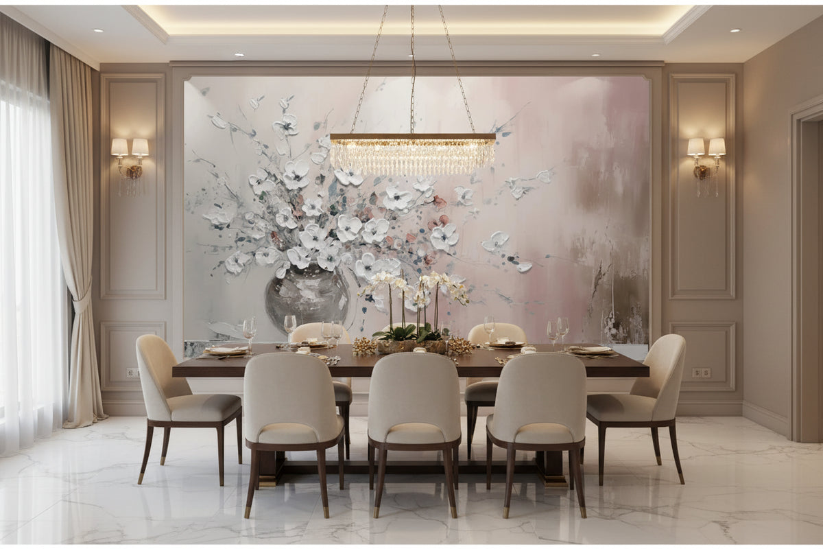 Hand-Painted White Floral Arrangement Oil Painting Wallpaper Mural, Custom Sizes Available
