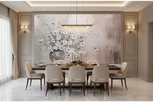 Hand-Painted White Floral Arrangement Oil Painting Wallpaper Mural, Custom Sizes Available