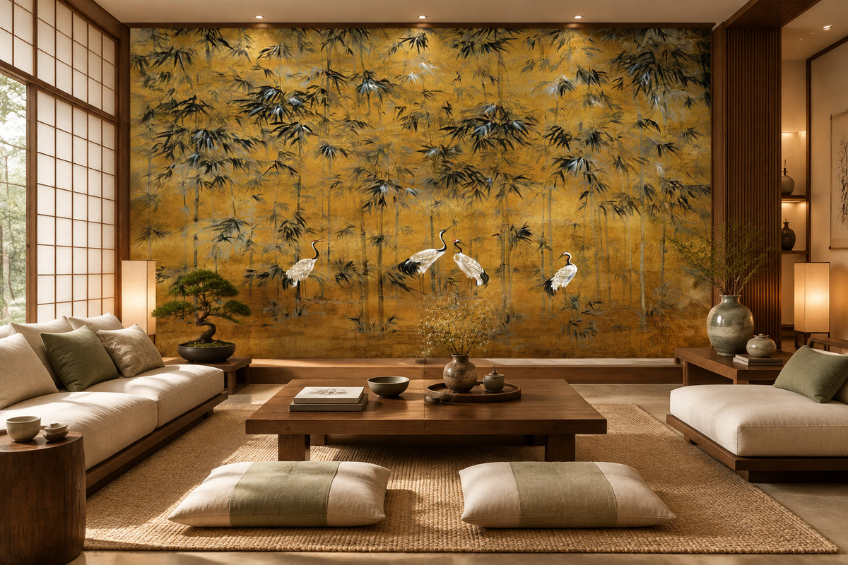 Exquisite Cranes and Bamboo Gold Background Wallpaper Mural, Custom Sizes Available