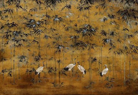 Image of Exquisite Cranes and Bamboo Gold Background Wallpaper Mural, Custom Sizes Available