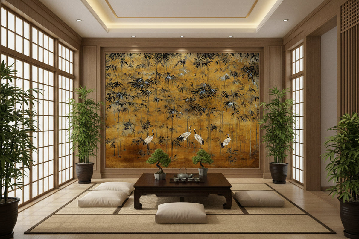 Exquisite Cranes and Bamboo Gold Background Wallpaper Mural, Custom Sizes Available