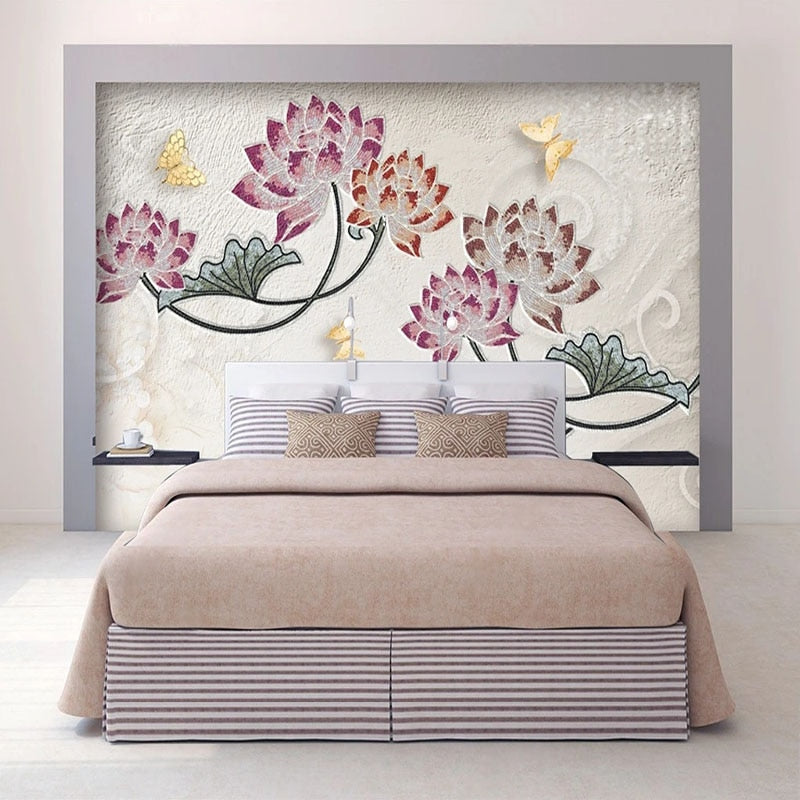 Awesome Mosaic Lotus Flowers and Golden Butterflies Wallpaper Mural, Custom Sizes Available