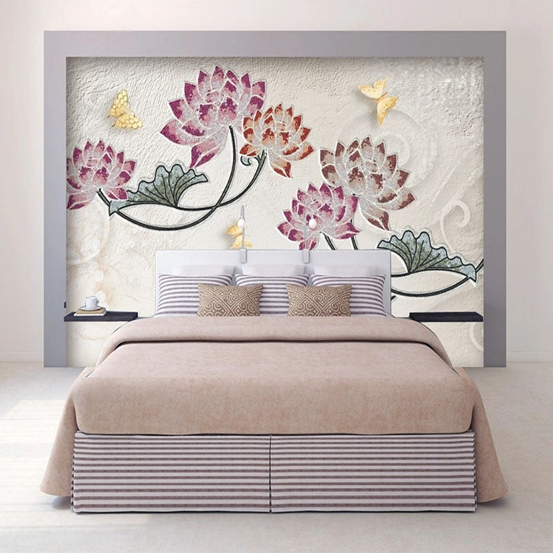 Awesome Mosaic Lotus Flowers and Golden Butterflies Wallpaper Mural, Custom Sizes Available