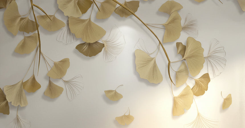 3D Golden Gingko Leaves Wallpaper Mural, Custom Sizes Available