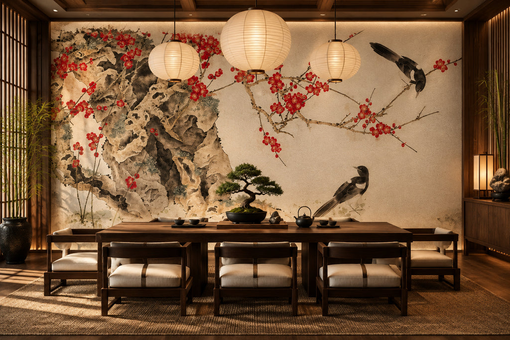 Chinese Painting of Birds and Berries on Old Tree Wallpaper Mural, Custom Sizes Available