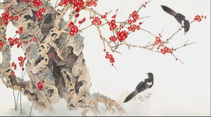 Chinese Painting of Birds and Berries on Old Tree Wallpaper Mural, Custom Sizes Available