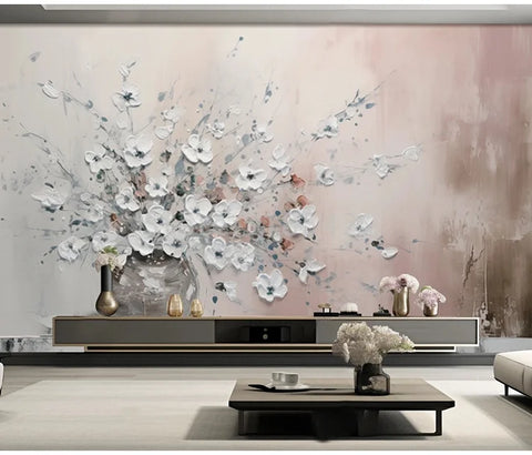 Image of Hand-Painted White Floral Arrangement Oil Painting Wallpaper Mural, Custom Sizes Available
