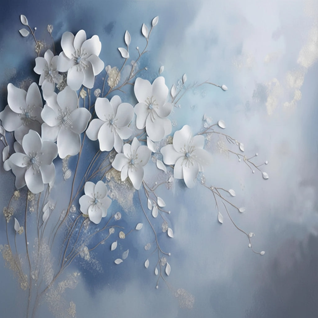 Beautiful White Floral Spray Wallpaper Mural, Custom Sizes Available