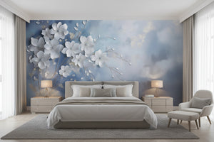 Beautiful White Floral Spray Wallpaper Mural, Custom Sizes Available