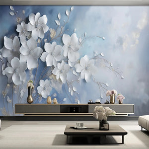 Beautiful White Floral Spray Wallpaper Mural, Custom Sizes Available