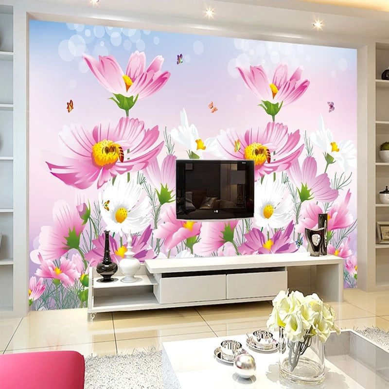Lovely Pink and White Anemones and Butterflies Wallpaper Mural, Custom Sizes Available