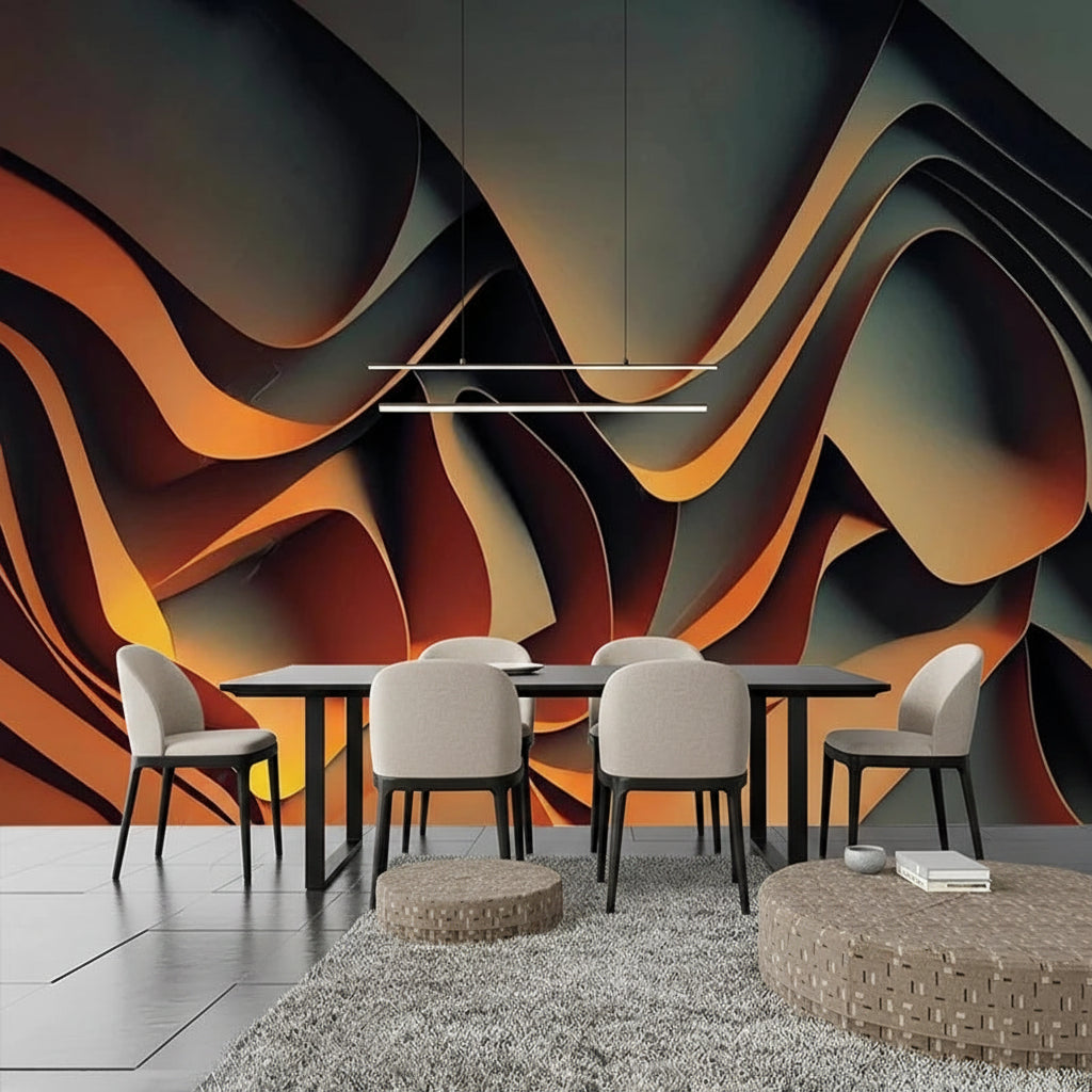 3D Modern Abstract Burnt Orange Wave Wallpaper Mural, Custom Sizes Available