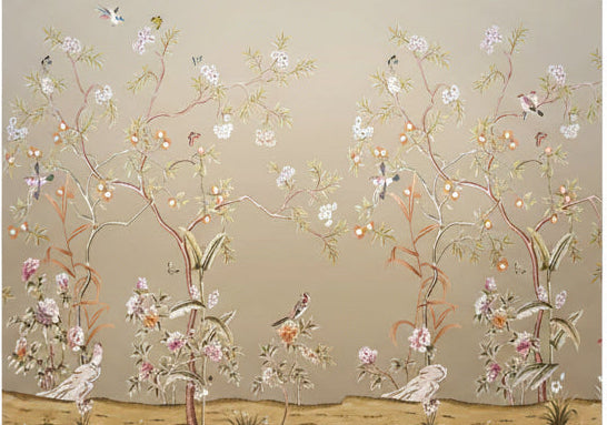 Beautiful Hand-Painted Birds and Flowering Vines. Wallpaper Mural, Custom Sizes Available