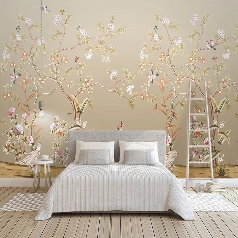 Beautiful Hand-Painted Birds and Flowering Vines. Wallpaper Mural, Custom Sizes Available