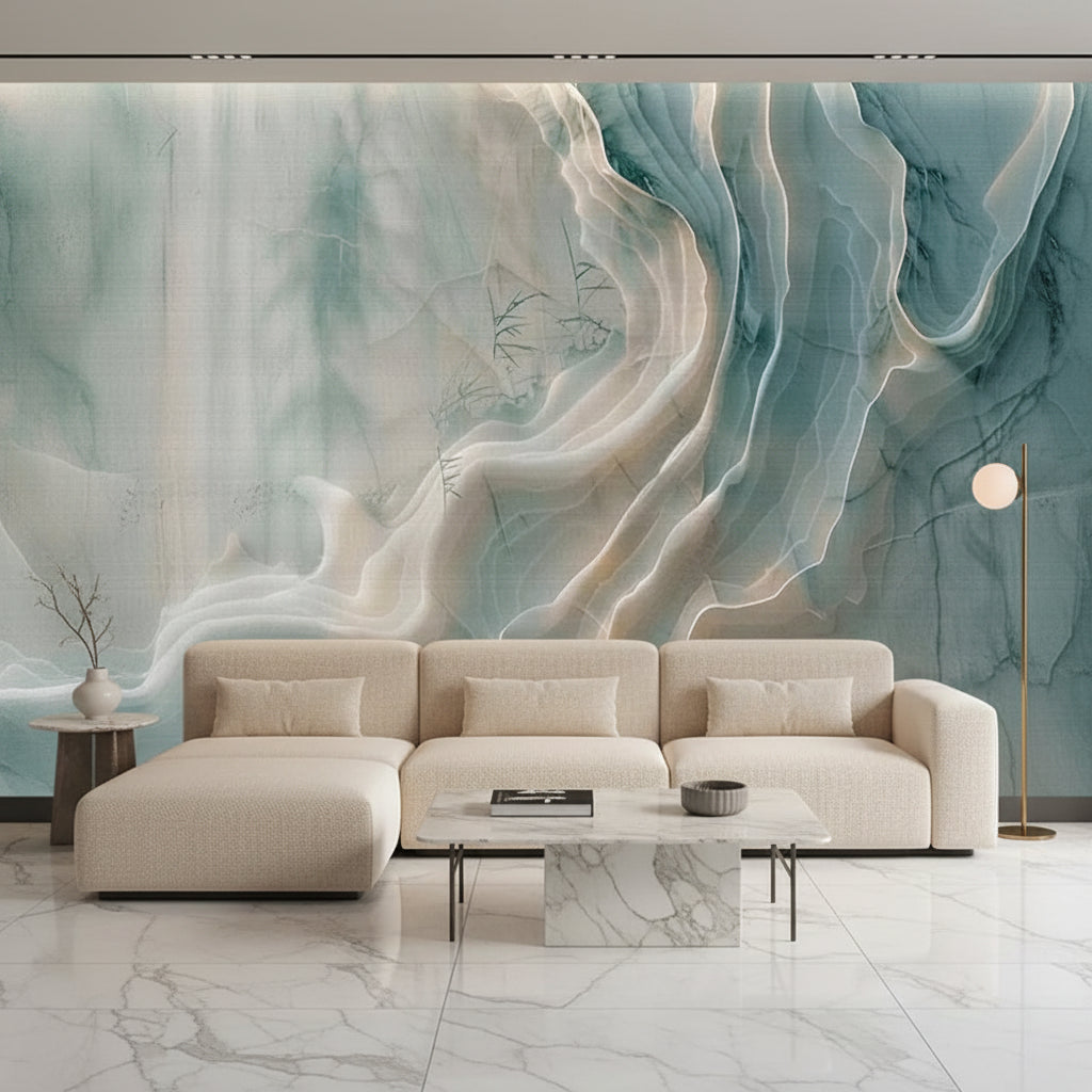 Exquisite Blue and White Wavy Marble Wallpaper Mural, Custom Sizes Available