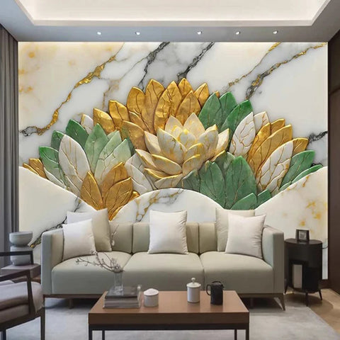 Image of Exquisite Marble Flowers In Gold, Teal and Tan Wallpaper Mural, Custom Sizes Available