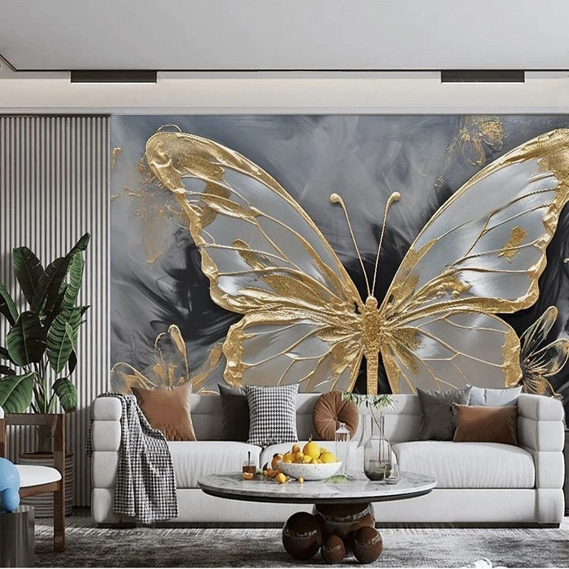 Spectacular Gold and Silk Butterfly Wallpaper Mural, Custom Sizes Available