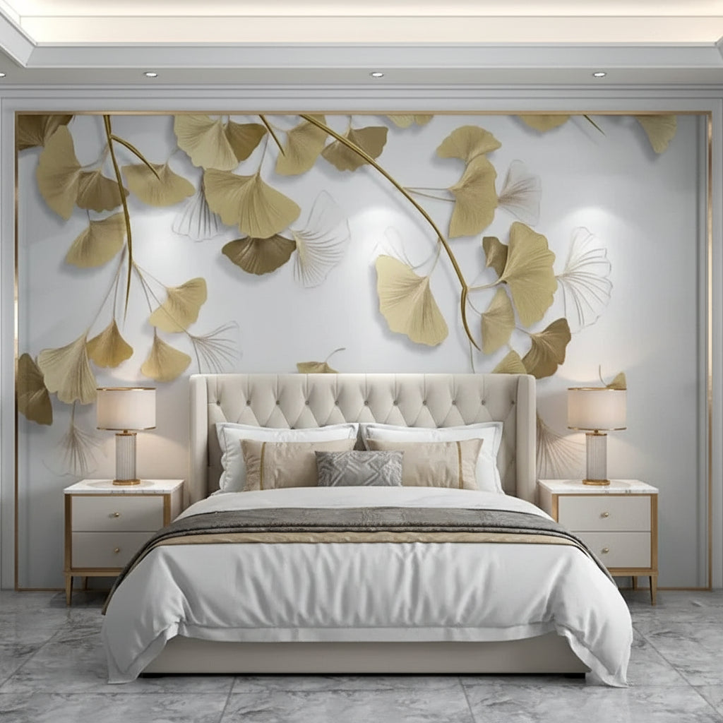 3D Golden Gingko Leaves Wallpaper Mural, Custom Sizes Available