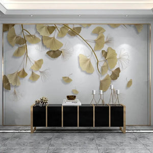 3D Golden Gingko Leaves Wallpaper Mural, Custom Sizes Available