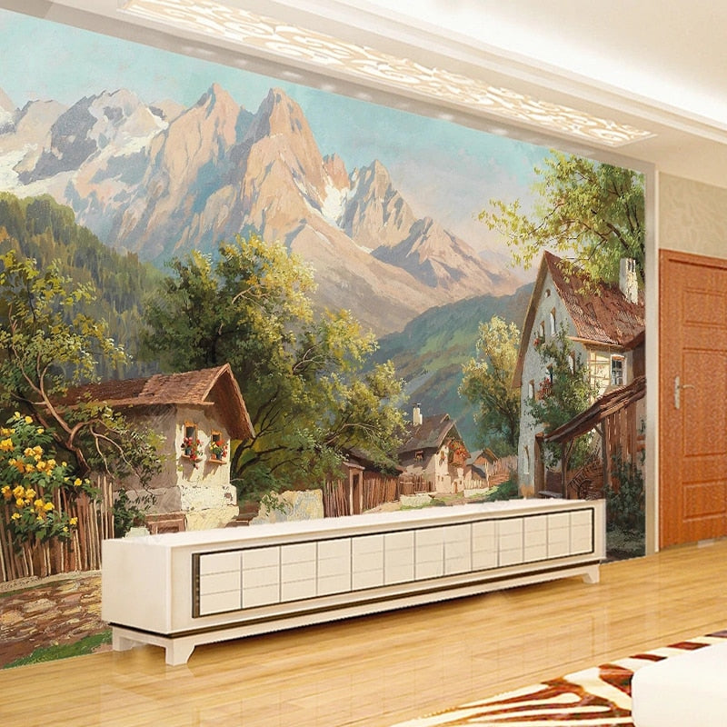 Pastoral Old Village Painting Wallpaper Mural, Custom Sizes Available