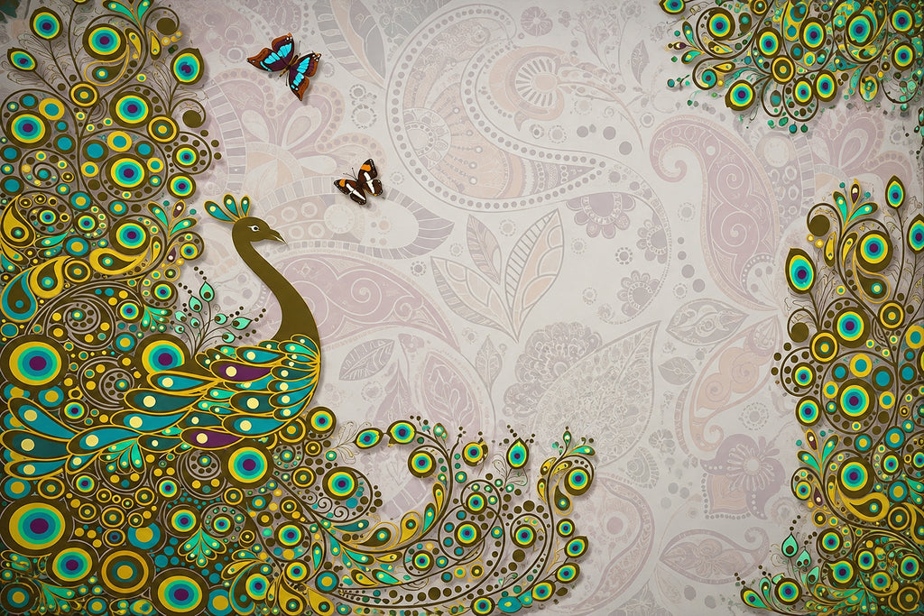 Awesome Stylised Colorful Peacock Wallpaper Mural, Custom Sizes Available