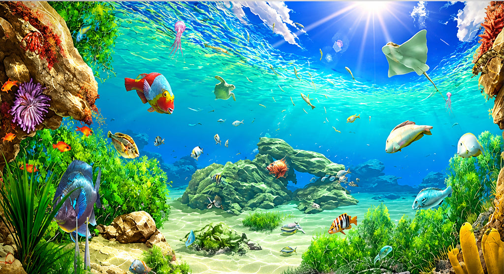 Underwater Tropical Fish Wallpaper Mural and Anemone, Custom Sizes Available