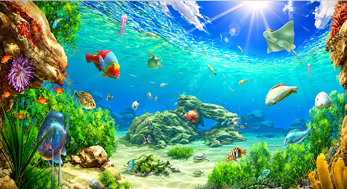 Underwater Tropical Fish Wallpaper Mural and Anemone, Custom Sizes Available