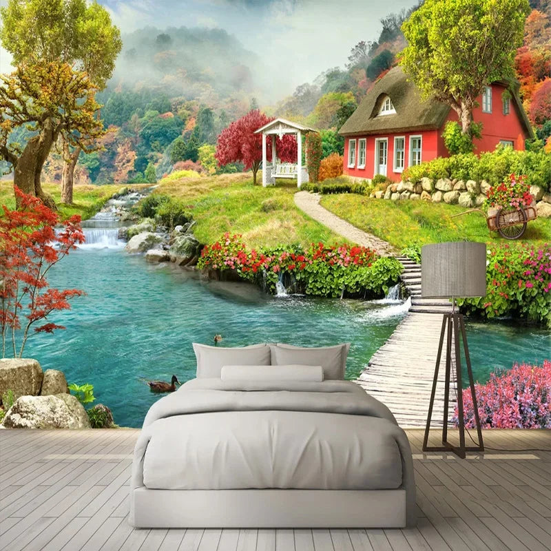 Idyllic Country House by the River Wallpaper Mural, Custom Sizes Available