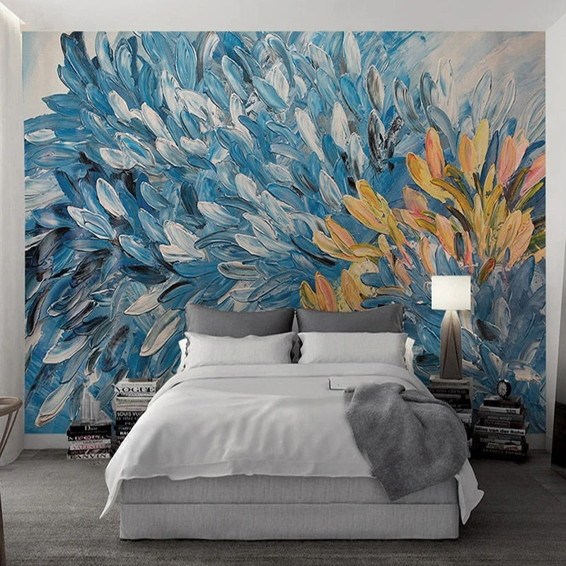 Abstract Tan/Blue/White Feathered Brushstrokes Background Wallpaper Mural, Custom Sizes Available