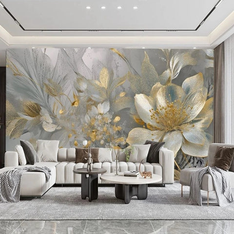 Sublime Gold and Ivory Floral Background Wallpaper Mural, Custom Sizes Available