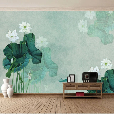 Image of Chinese-Style White Lotus Ink Painting Wallpaper Mural, Custom Sizes Available