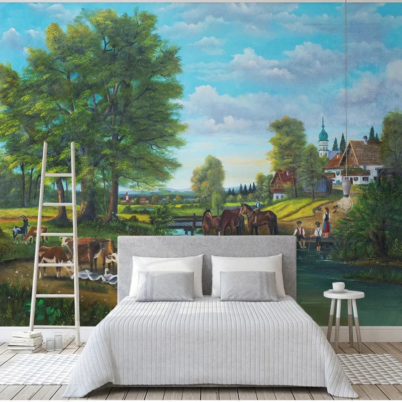 Beautiful Pastoral Oil Painting Wallpaper Mural, Custom Sizes Available