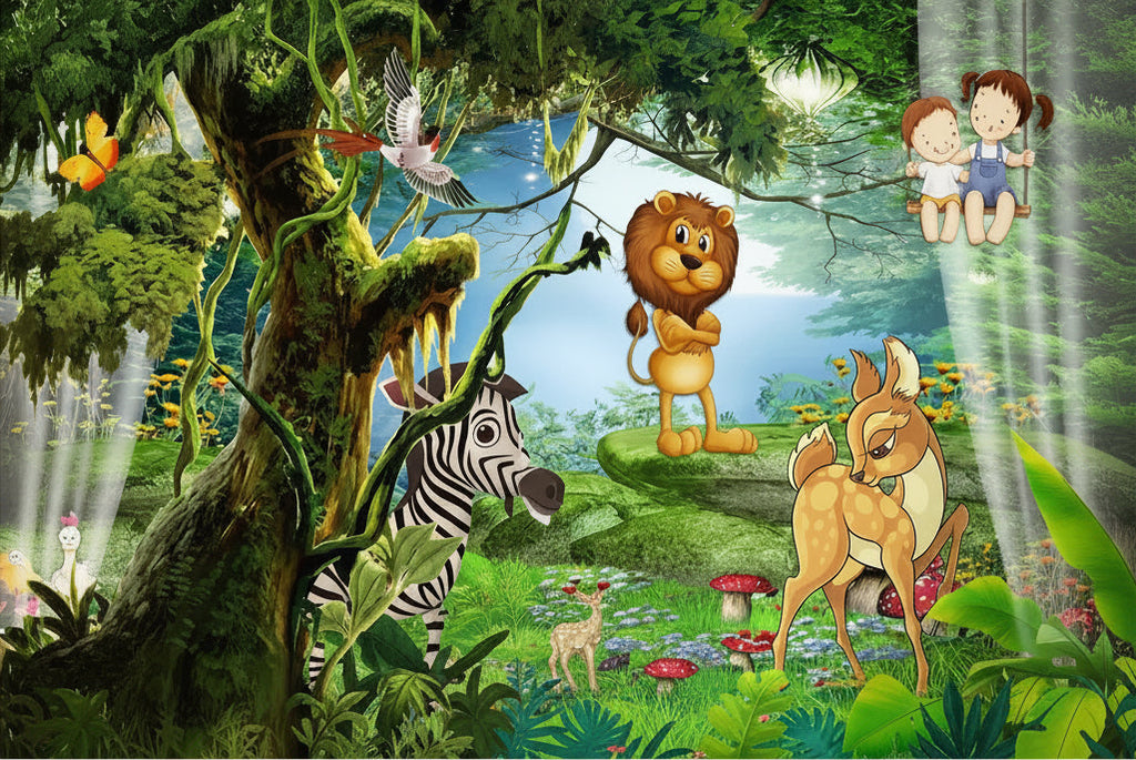 Wild Animal Cartoon Wallpaper Mural, Custom Sizes Available