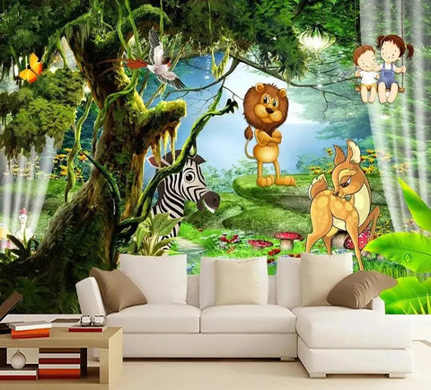 Image of Wild Animal Cartoon Wallpaper Mural, Custom Sizes Available