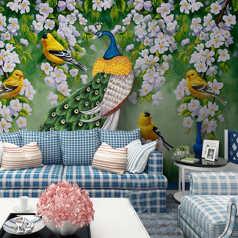 Colorful Peacock, Finches and Apple Blossoms Wallpaper Mural, Custom Sizes Available