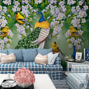 Colorful Peacock, Finches and Apple Blossoms Wallpaper Mural, Custom Sizes Available