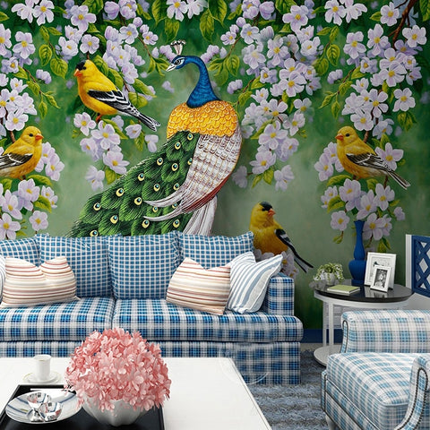 Image of Colorful Peacock, Finches and Apple Blossoms Wallpaper Mural, Custom Sizes Available