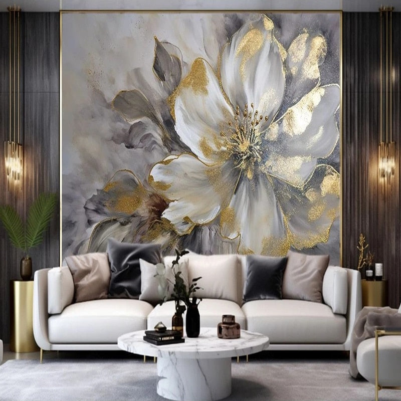 Exquisite Luxury Gold Leaf Magnolia Blossom Wallpaper Mural, Custom Sizes Available