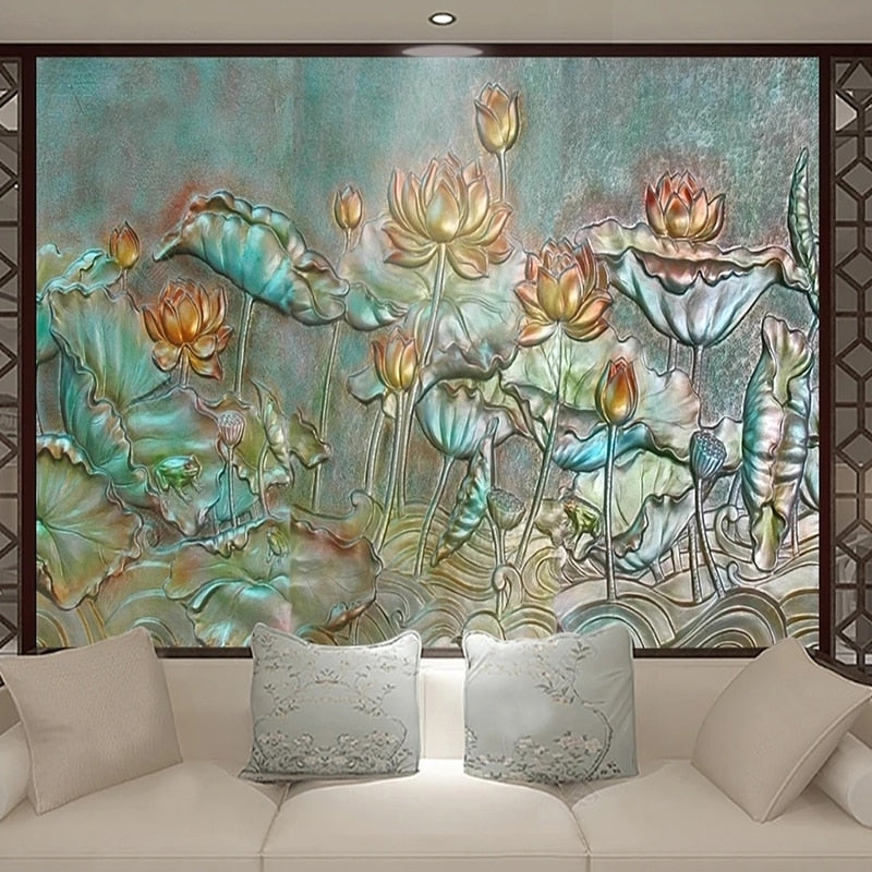 Golden Lotus 3D Raised Relief Wallpaper Mural, Custom Sizes Available