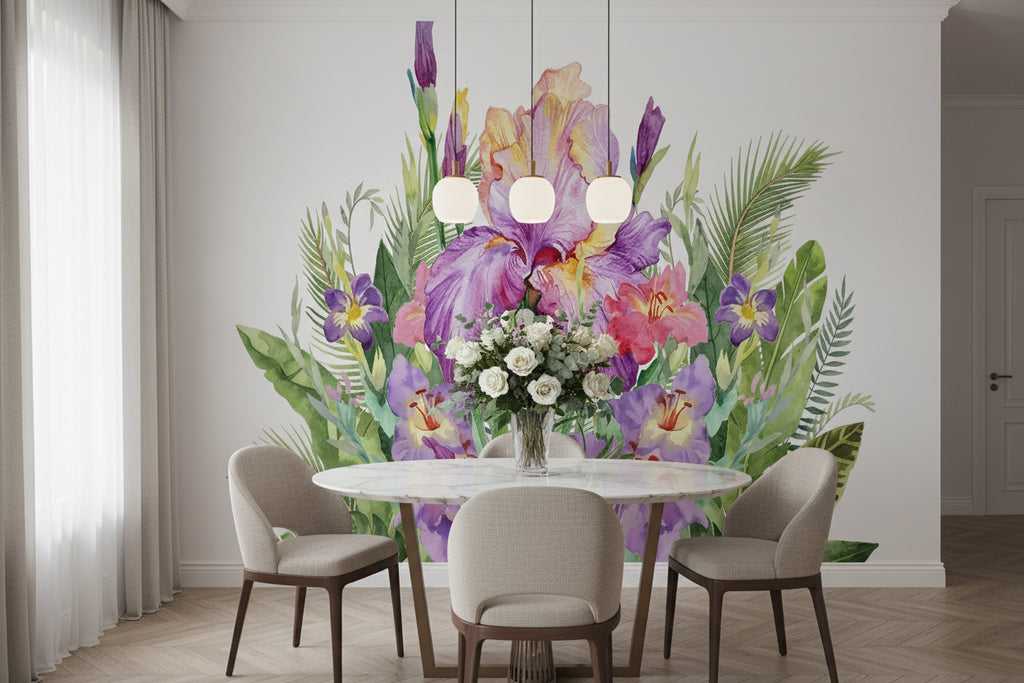 Bearded Iris Arrangement Watercolor Wallpaper Mural, Custom Sizes Available