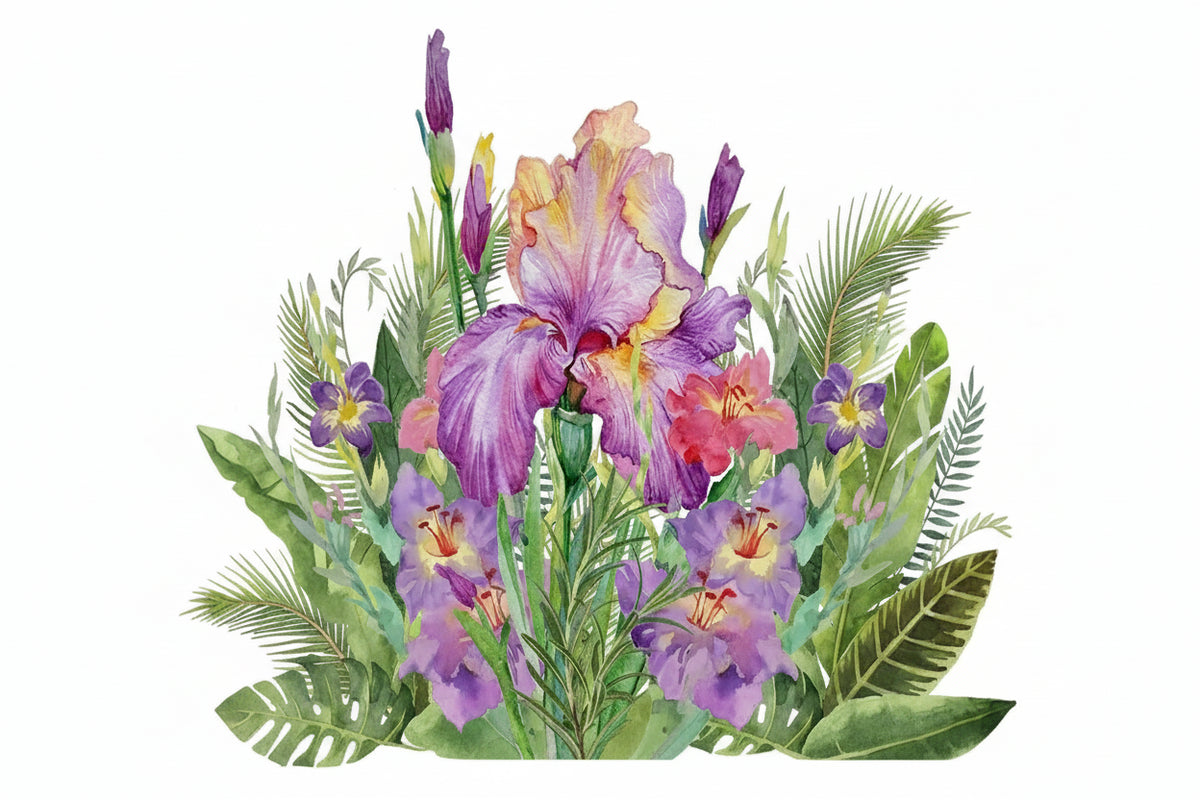 Bearded Iris Arrangement Watercolor Wallpaper Mural, Custom Sizes Available