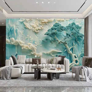 Exquisite Chinese Carved Landscape Wallpaper Mural, Custom Sizes Available