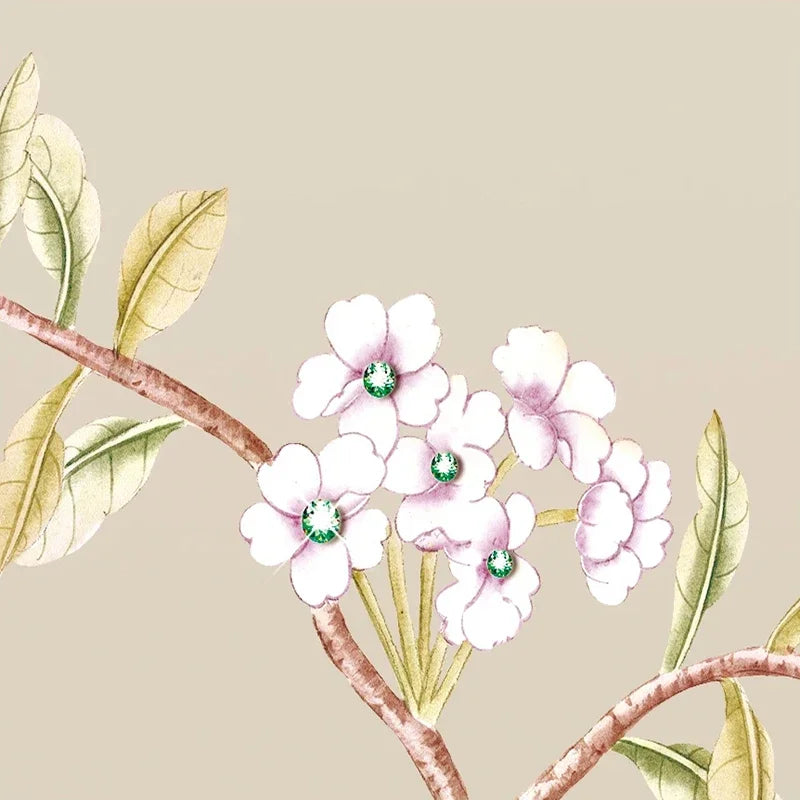 Beautiful Hand-Painted Birds and Flowering Vines. Wallpaper Mural, Custom Sizes Available